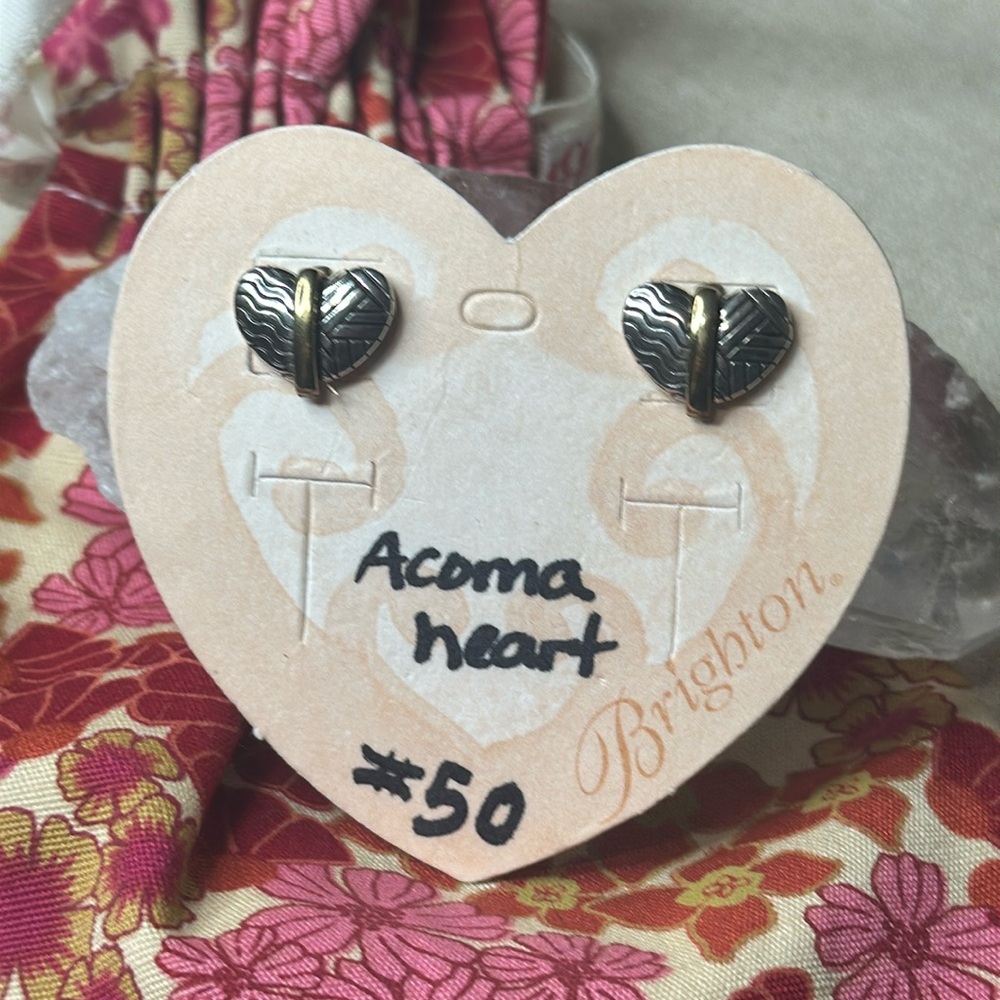Brighton Acoma Heart Gold & Silver Post Back Earrings on Card